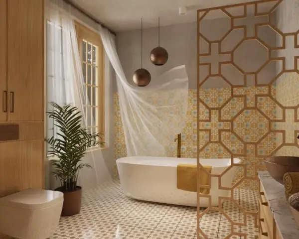 Élégante salle de bain style marocain avec baignoire, double vasque en cuivre, boiseries et carrelage ornemental.