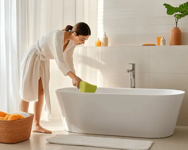 Une femme en peignoir blanc utilise une éponge verte pour nettoyer la baignoire, éliminant une tache jaune tenace.