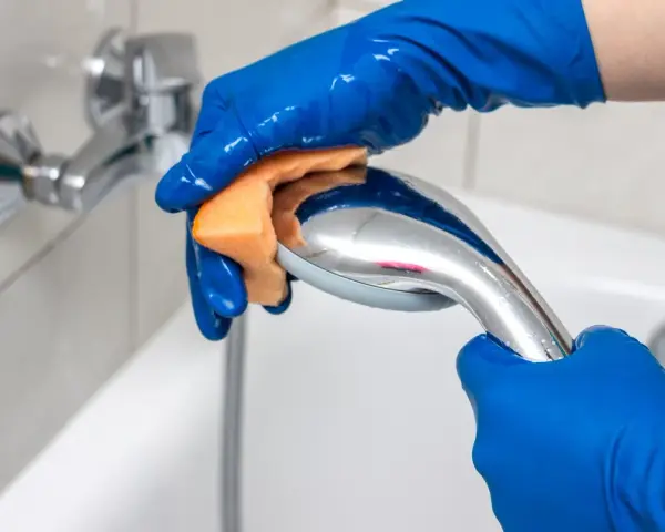 Mains bleues gantées frottant un pommeau de douche chromé avec une éponge orange pour le nettoyer.