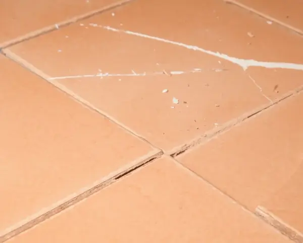 Carrelage mal posé, avec des carreaux fissurés et des joints irréguliers. Des éclats de matière blanche parsèment la surface.