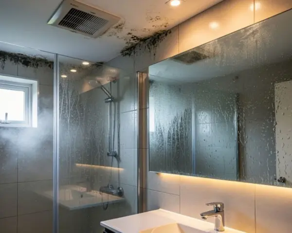 Salle de bain avec moisissures au plafond, signe d'une mauvaise ventilation. Une VMC salle de bain norme est essentielle pour éviter ces problèmes.