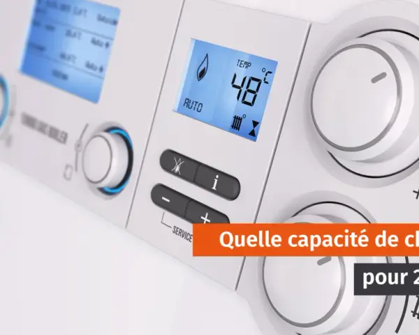 Le panneau d'un chauffe-eau moderne affiche 48°C. La question "Quelle capacité chauffe-eau pour 2 personnes ?" est mise en évidence.
