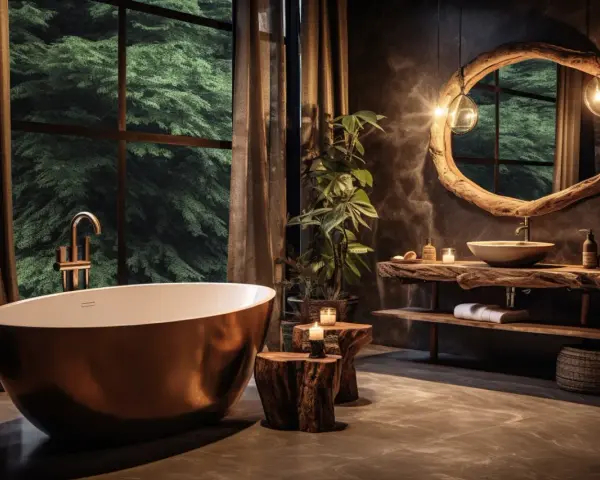 Baignoire cuivrée, lavabo en bois brut, et vue sur la forêt. Une **salle de bain zen** pour se ressourcer.