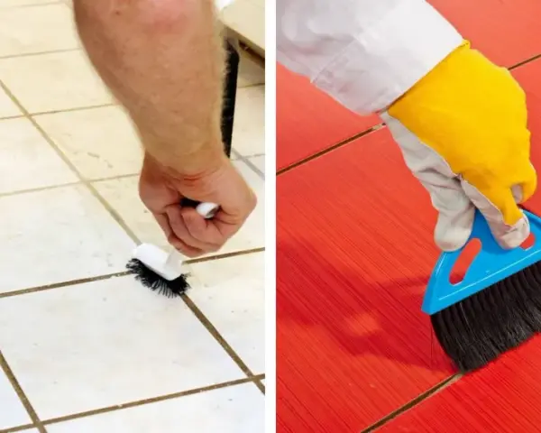 Nettoyer carrelage après joint : une main frotte les joints d'un carrelage clair, tandis qu'une autre brosse un carrelage rouge vif.