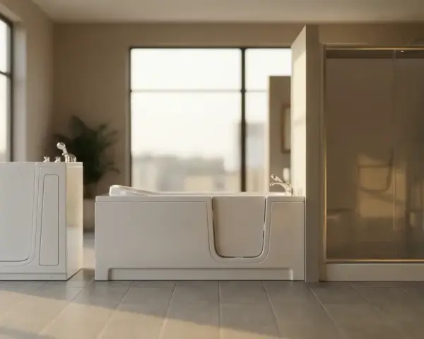 Deux baignoires à porte modernes, une avec une entrée plus large. Les inconvénients potentiels incluent l'espace occupé et le temps de remplissage.