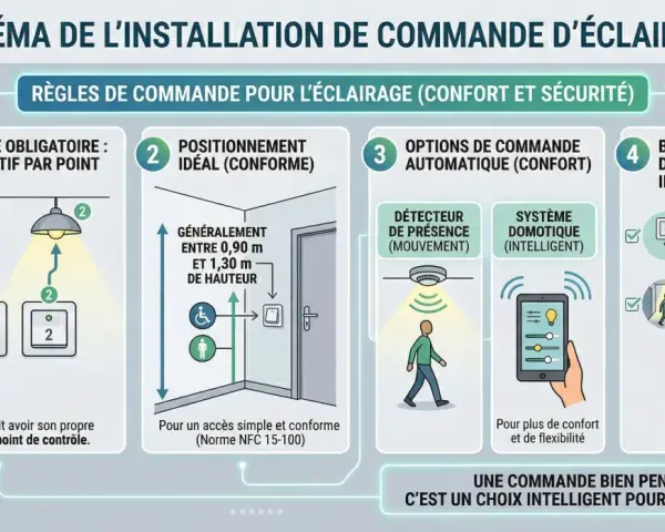 Schéma d'installation d'éclairage : règles, options automatiques et bénéfices. Idéal pour une zone électrique de salle de bain.
