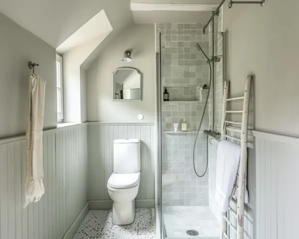 Plan salle de bain en longueur avec douche, WC et échelle décorative.