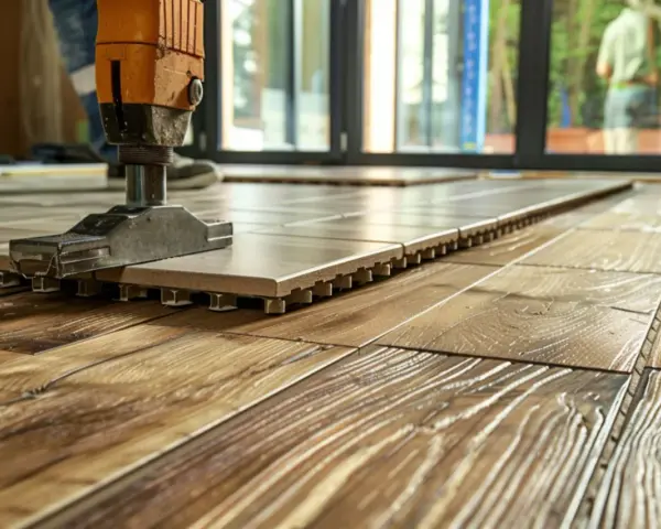 Pose d'un carrelage sur un parquet. Un outil aide à coller le carrelage sur bois, créant une nouvelle surface.