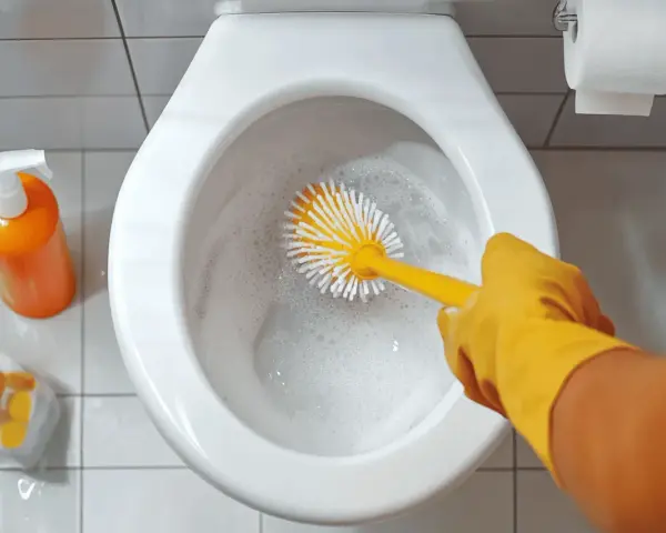 Nettoyage des toilettes avec une brosse et un produit à base d'acide citrique.