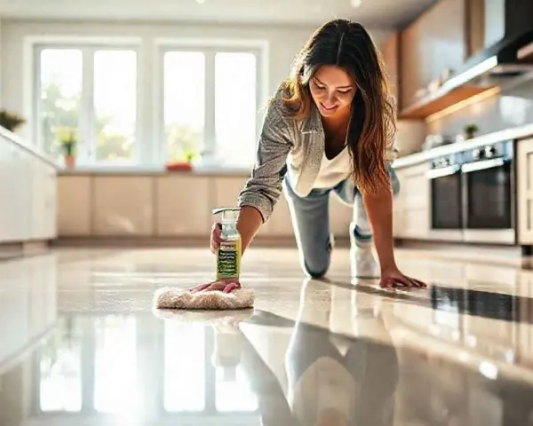 Une femme nettoie son carrelage de cuisine avec un produit pour le faire briller. Le sol reflète la lumière des fenêtres.