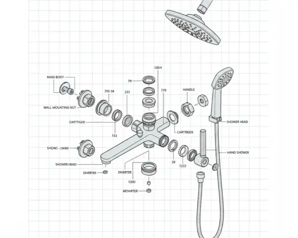 Schéma éclaté d'un mitigeur de douche, utile pour changer les pièces ou le mitigeur douche entier.
