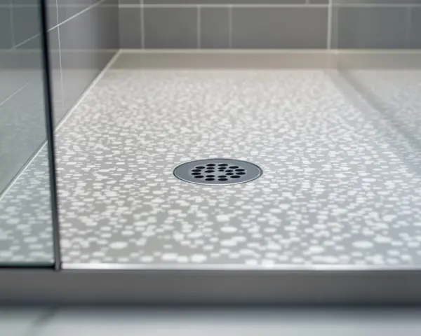Bac de douche moderne avec motif de bulles et grille d'évacuation. La paroi vitrée reflète la lumière.