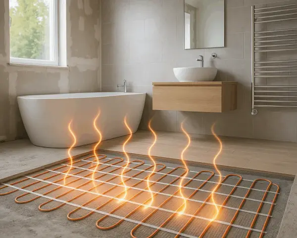 Installation d'un système de chauffage au sol dans une salle de bain moderne. Des tubes orange sont posés sur le béton, prêts à diffuser une chaleur confortable.