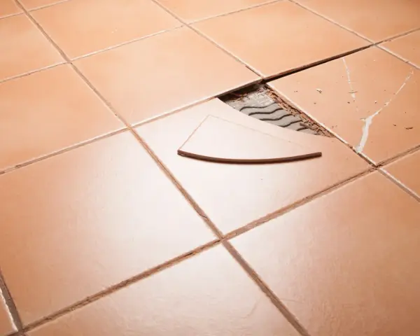 Carrelage orange avec une tuile cassée et un éclat à réparer.