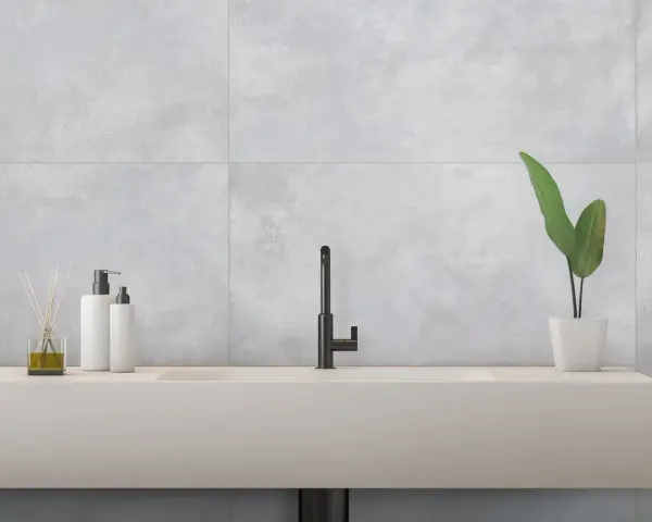 Évier moderne avec robinetterie noire, flacons de savon et plante verte, sur un mur en carrelage rectifié gris.