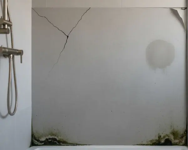 Panneau mural de douche fissuré, taché et moisi, illustrant les inconvénients de ce type de revêtement.
