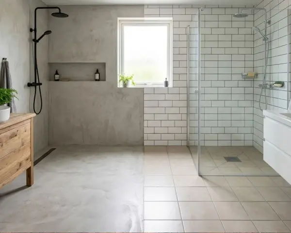 Salle de bain moderne avec sol en béton ciré ou résine d'un côté, et carrelage de l'autre. Douche vitrée, meuble vasque en bois.