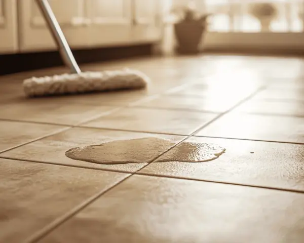 Un nettoyeur vapeur s'apprête à nettoyer un carrelage encrassé, une flaque d'eau sur le sol.