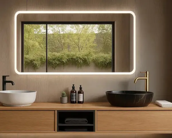 Élégante salle de bain feng shui avec deux vasques, robinetterie dorée et noire, et un miroir lumineux reflétant la verdure extérieure.