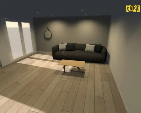 Posez votre carrelage dans le sens de la lumière pour agrandir visuellement la pièce. Un salon moderne avec canapé, table basse et parquet clair.