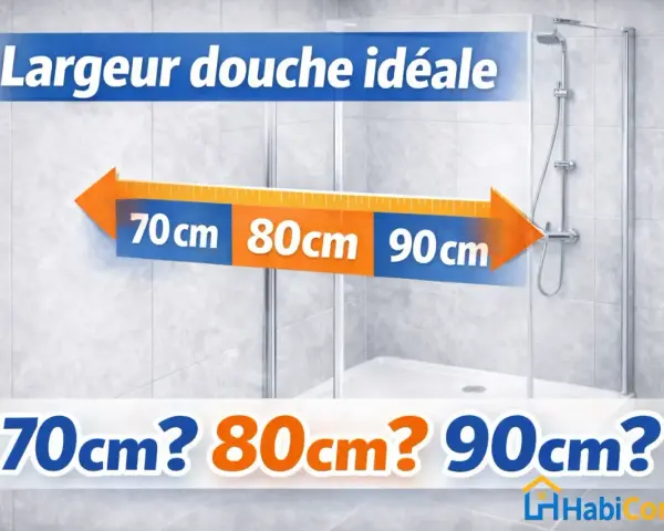 Largeur douche idéale : 70cm, 80cm, 90cm ? Une flèche indique les différentes dimensions possibles pour votre espace douche.