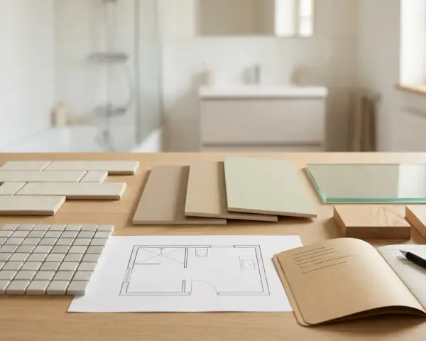 Échantillons de carrelage, plans et matériaux pour refaire une salle de bain budget.