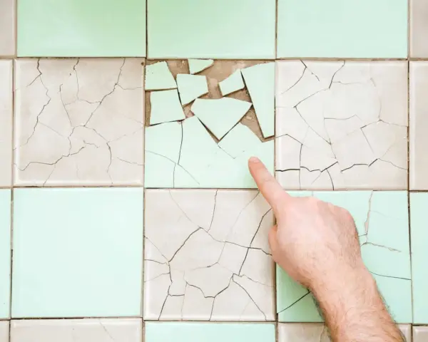 Un doigt pointe une **fissure carrelage** sur un mur de carreaux anciens, certains brisés, d'autres craquelés.