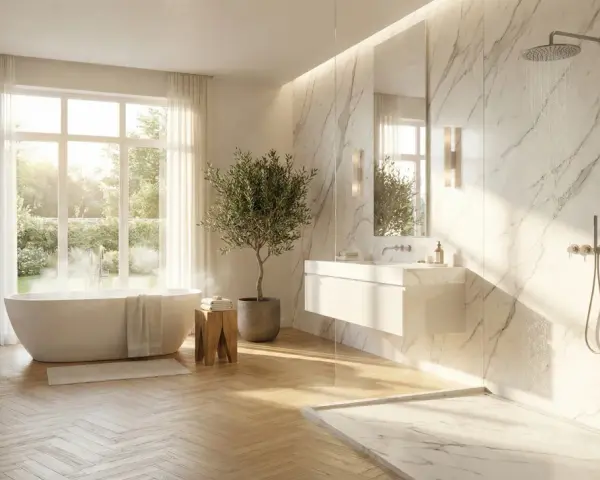 Salle de bain lumineuse avec baignoire îlot, douche à l'italienne en marbre et un sol en parquet clair.