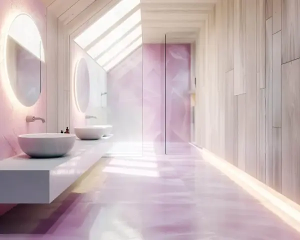 Salle de bain moderne aux murs roses texturés et au sol brillant. La **hauteur frise salle de bain** est soulignée par des miroirs ronds lumineux et une paroi de douche en verre.