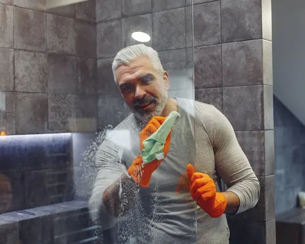 Un homme aux cheveux gris, portant des gants orange, nettoie une paroi de douche en plexiglas avec une éponge savonneuse.