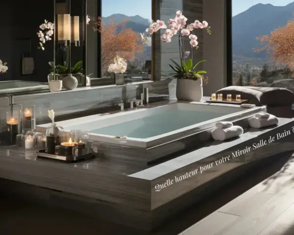 Salle de bain luxueuse avec baignoire, orchidées et vue panoramique. La question "Quelle hauteur pour votre miroir Salle de Bain ?" est inscrite.