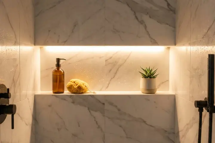 Une niche dans la salle de bain, éclairée par une lumière douce, présente une bouteille de savon, une éponge naturelle et une petite plante verte.