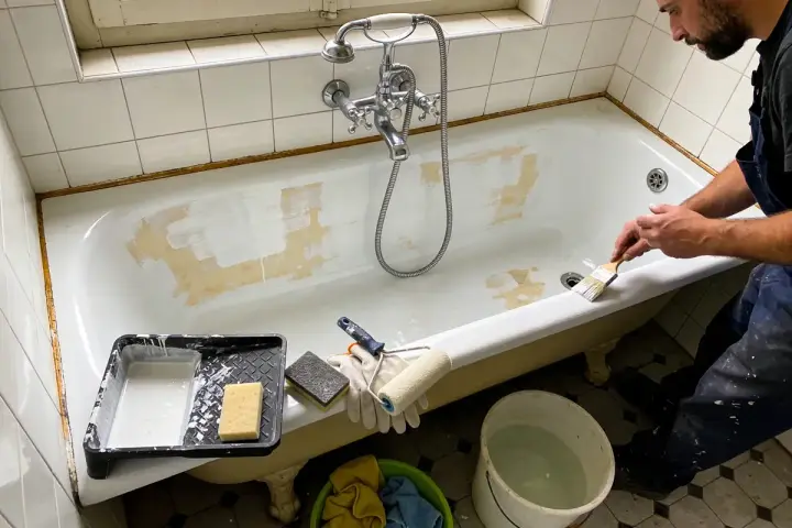 Un homme est en train de peindre une baignoire ancienne. Des outils comme un pinceau, un rouleau et de la peinture sont à proximité.