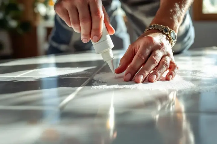 Application de joint blanc sur du carrelage sur placo. Les mains travaillent avec précision pour un résultat impeccable.