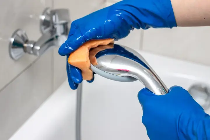 Mains bleues gantées frottant un pommeau de douche chromé avec une éponge orange pour le nettoyer.