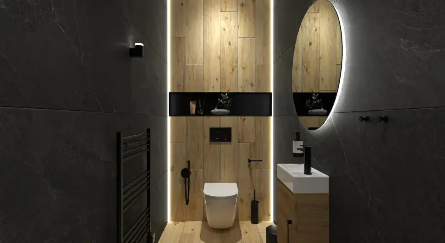 Salle de bain moderne avec deco wc noir et bois. Murs en ardoise, boiseries chaleureuses, miroir lumineux et sanitaires épurés.