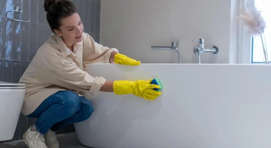 Femme en gants jaunes effectuant le nettoyage d'une baignoire acrylique avec une éponge.