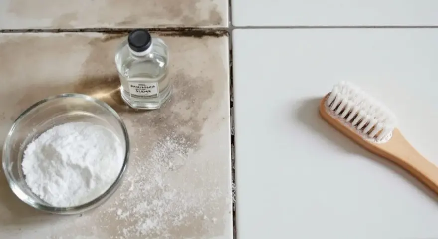 Nettoyer joint de carrelage bicarbonate : bol de poudre blanche, flacon et brosse sur carrelage sale et propre.