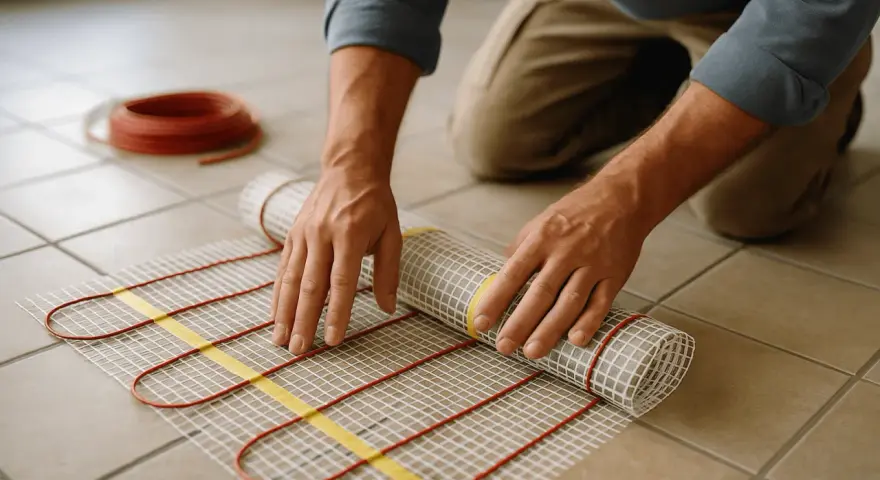 Pose d'un tapis chauffant pour plancher avant la pose de la colle carrelage. Un rouleau de câble rouge est visible.