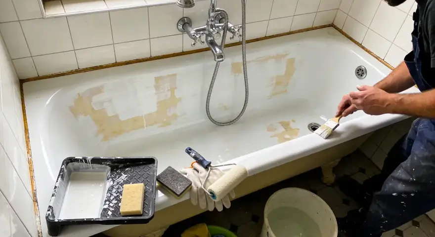 Un homme est en train de peindre une baignoire ancienne. Des outils comme un pinceau, un rouleau et de la peinture sont à proximité.