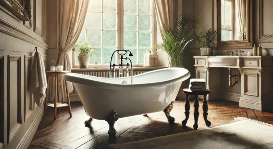 Baignoire îlot sur pieds dorés, évoquant le poids d'une baignoire en fonte. Lumière douce filtrant par la fenêtre, ambiance luxueuse.