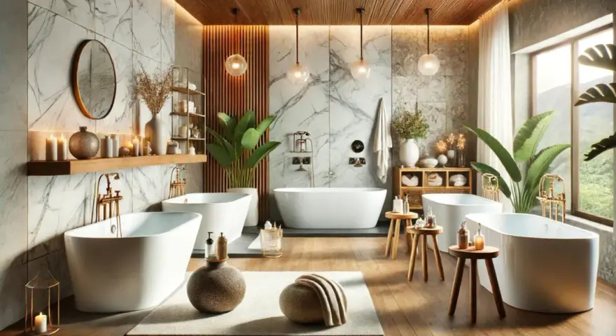 Salle de bain luxueuse avec plusieurs baignoires, robinetterie dorée et une ambiance de **fonte minérale** apaisante.