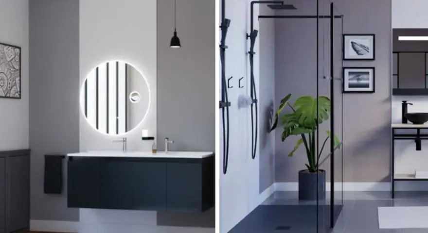 Home staging salle de bain moderne avec miroir lumineux, meuble suspendu et douche à l'italienne.