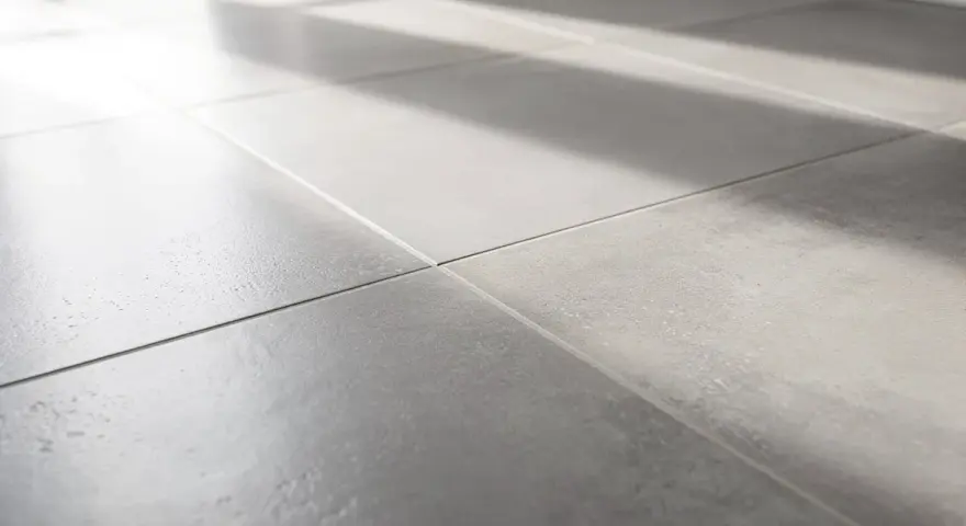 Gros plan sur un carrelage gris moderne, baigné de lumière. On entendrait presque le carrelage qui sonne creux sous les pas.