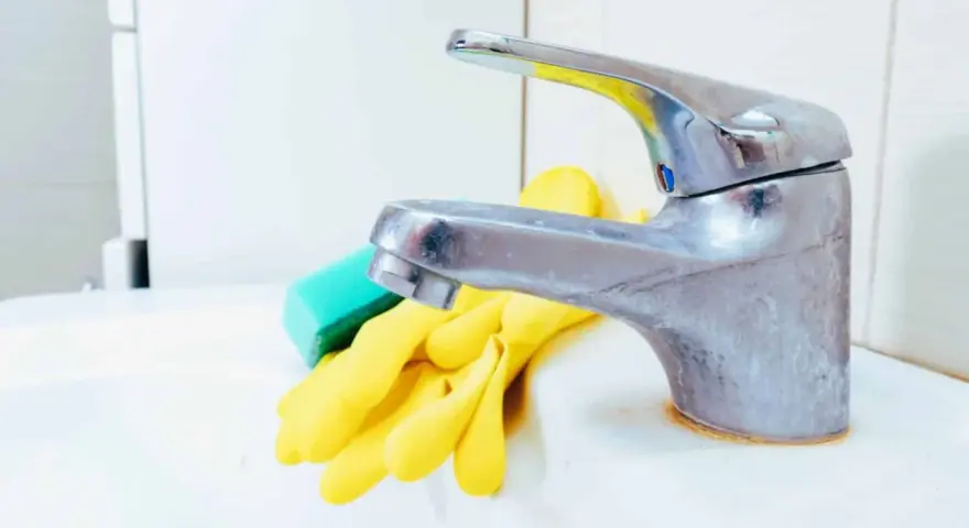Gants jaunes et éponge verte prêts pour nettoyer robinetterie entartrée.