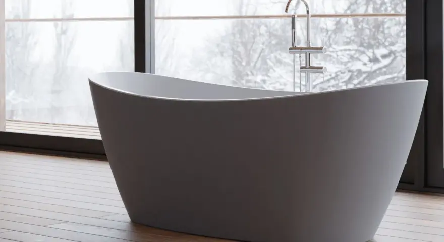 Une baignoire moderne dans une chambre, avec une grande fenêtre offrant une vue sur un paysage enneigé. Parfait pour un moment de détente.