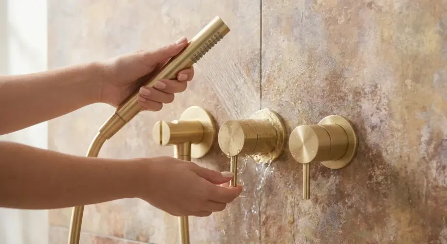 Mains dorées ajustant le débit d'eau d'une robinetterie de salle de bain en laiton, pour un nettoyage chrome salle de bain impeccable.