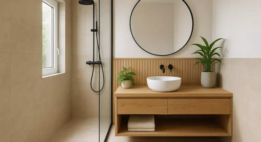 Douche moderne et meuble vasque en bois dans une petite salle de bain 3m2. Miroir rond, plantes vertes et carrelage clair apportent une touche zen.