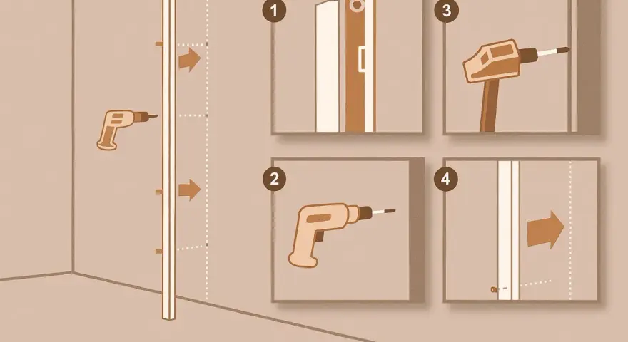 Étapes pour la pose paroi de douche : perçage, fixation et ajustement.