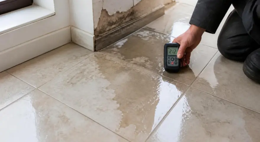 Un professionnel utilise un humidimètre pour diagnostiquer un carrelage qui se décolle à cause de l'humidité, révélant des dégâts importants.